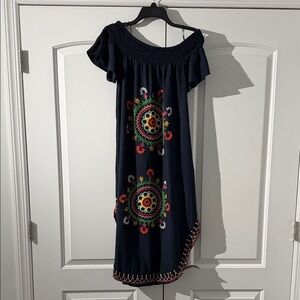 Off the Shoulder Mud Pie Navy Dress with Colorful Embroidery